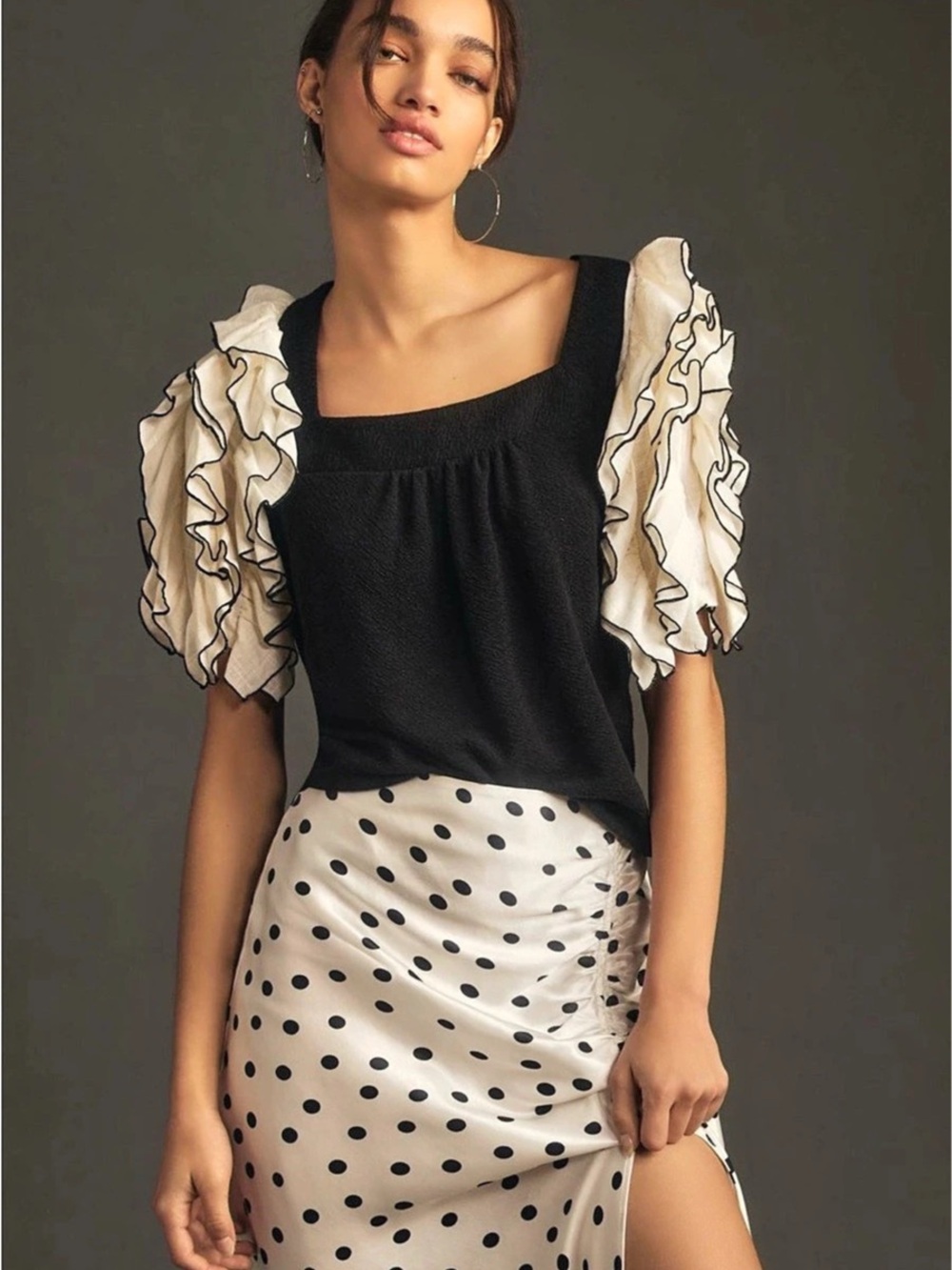 Sunday in Brooklyn Square-Neck Ruffle-Sleeve Babydoll Top-Black-Size Small